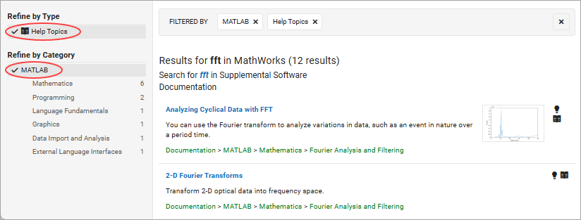 Documentation with a list of search results and Refine by Type and Refine by Category facets on the left side of the page