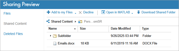 Preview of a folder shared by invitation