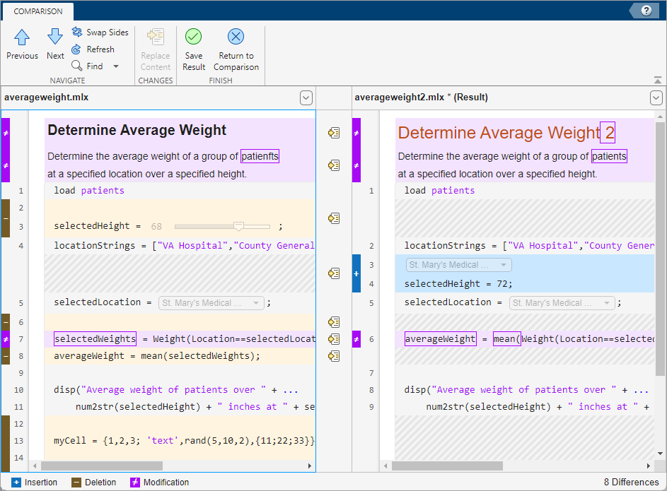 Comparison Tool in merge mode for the files averageweight.mlx and averageweight2.mlx