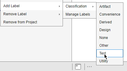 Add Label menu option showing the available labels in the Classification category
