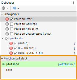 Debugger panel with the Function call stack section showing that the debugger is paused at line 3 of plotRand.m