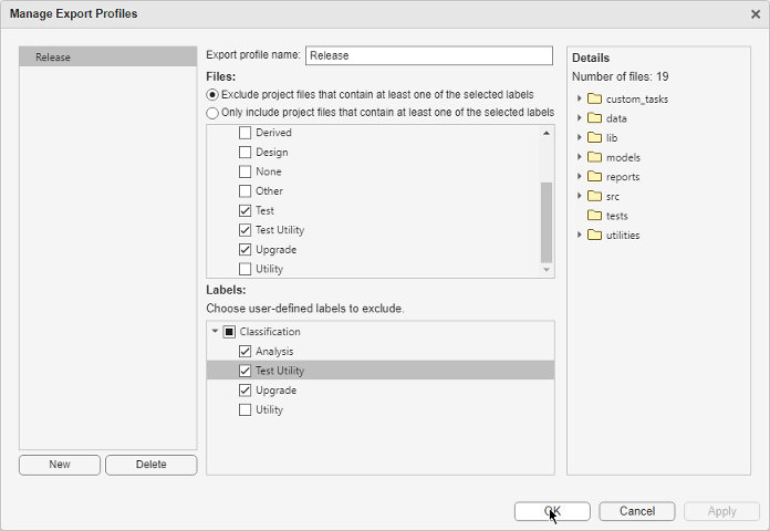Manage Export Profiles dialog shows two panes. The Files pane contains two options and list the labels of the files you want to exclude. The Labels pane lists the user-defined labels you want to exclude.