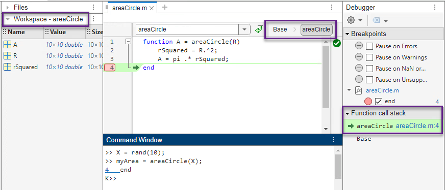 When the desktop is in debugging mode, the name of the function workspace appears at the top of both the Workspace panel and the Editor. The Debugger panel includes a section named Function call stack below the section named Breakpoints.