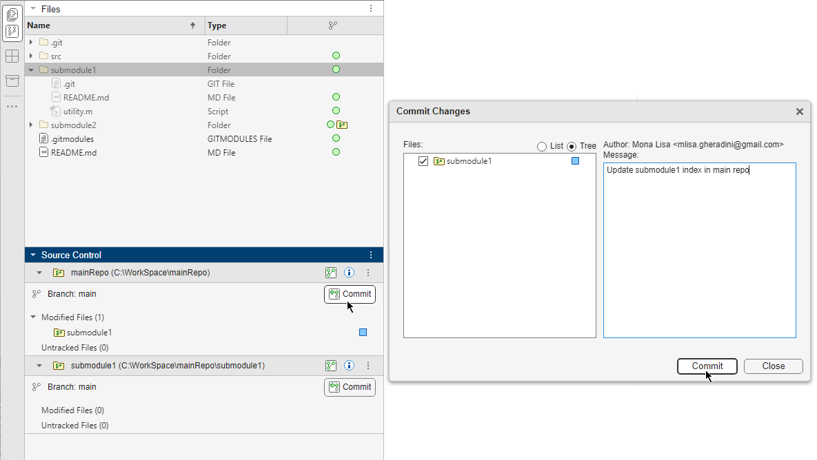On the left, the main repository in the Source Control panel lists the submodule in the Modified Files section. On the right, the Commit dialog box for the main repository shows the pointer on the Commit button.