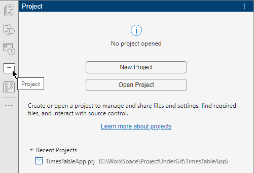 Project side panel in its empty state shows the New Project and Open Project buttons at the top, a link to open documentation in the middle, and the list of recent projects at the bottom.