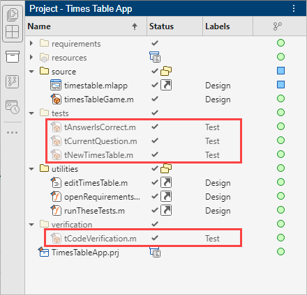 Project panel shows the list of files, a Status column, a Labels Column, and a source control column. Red boxes on the files labeled Test in the Labels column.