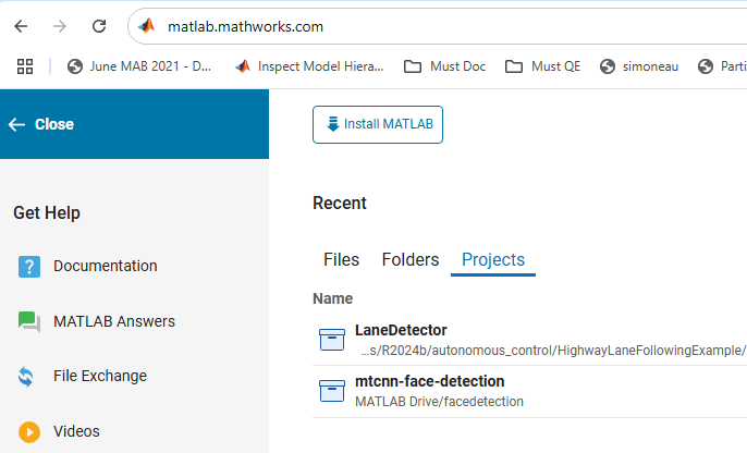 MATLAB Home shows the Get Help pane on the left and the Recent section on the right. In the Recent section, the Projects tab shows the list of recently opened projects.