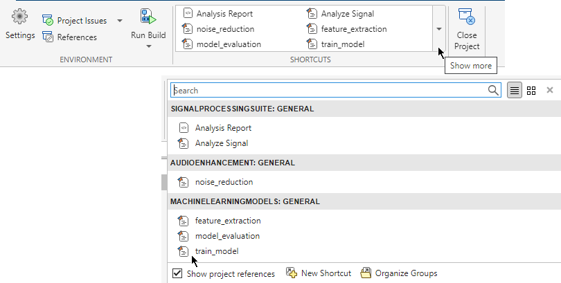 The shortcuts gallery shows all shortcuts in the project hierarchy.