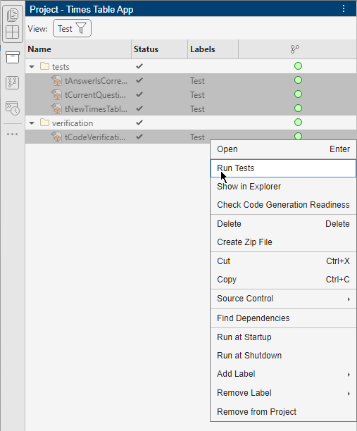 Project files view with the Test filter applied. All tests files are selected and a context menu appears over them. The mouse points to the Run Tests option in the context menu.