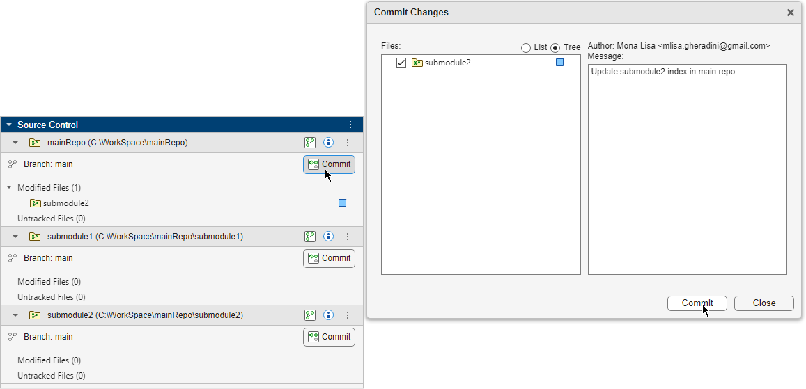 On the left, the main repository in the Source Control panel lists the submodule in the Modified Files section. On the right, the Commit dialog box for the main repository shows the Commit button at the bottom.