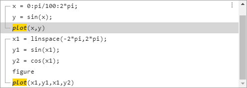 Command History showing a list of previously run commands and two instances of the word plot highlighted in yellow. The first instance of plot is selected.