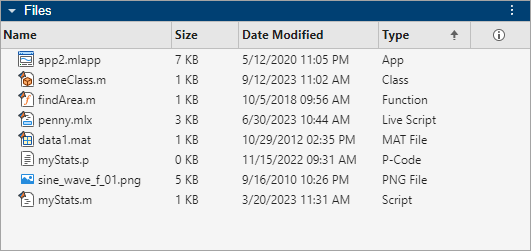 Files panel with five columns including a Name, Size, Date Modified, Type, and Preview column
