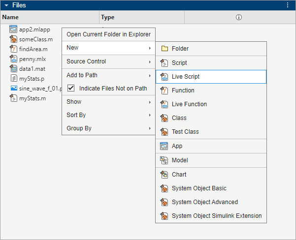 Files panel with the context menu open and the New > Live Script option selected
