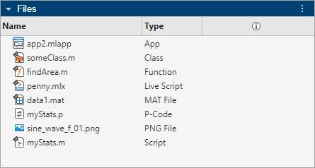 Files panel showing a list of files with a column for the filename and a column for the file type