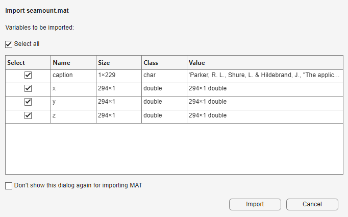 Import Tool showing a Select all check box and a table with columns to select variables using check boxes, and view each variable's name, size, class, and value