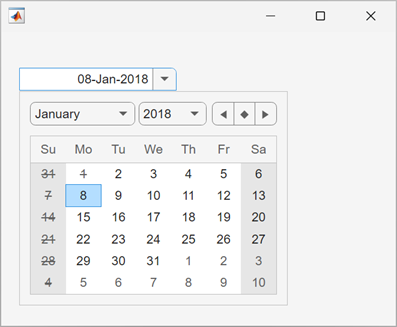 Date picker in a UI figure window. The date picker is expanded and displays dates in January 2018. January 1st and days that fall on Sunday are dimmed and crossed out.