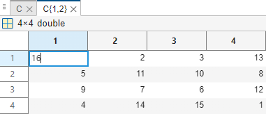 Text box for the first element in 4-by-4 matrix C{1,2} in the Variables editor. The parent cell array C is in a separate tab.