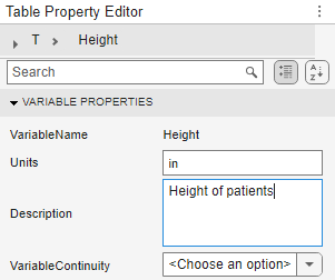 Units box, Description box, and VariableContinuity list for the Height table variable in the Table Property Editor
