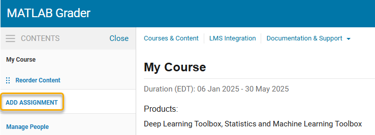 MATLAB Grader window shows the Add Assignment option.