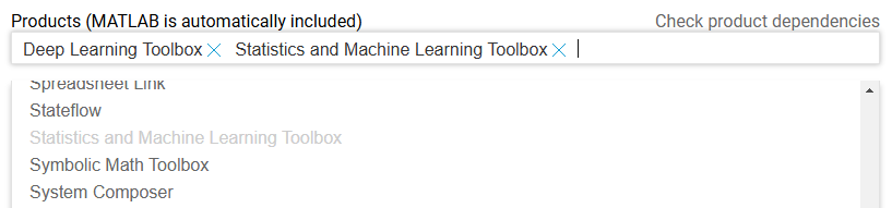 MATLAB Grader Product selection list with Deep Learning Toolbox and Statistics and Machine Learning Toolbox selected