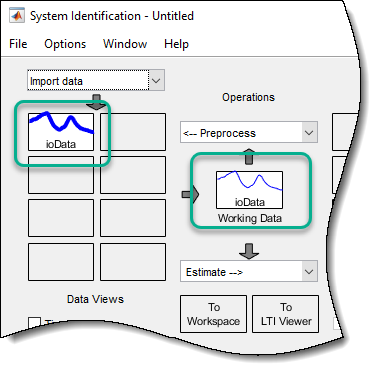 Upper left section of the System Identification app, showing ioData in the Data Views and Working Data sections.