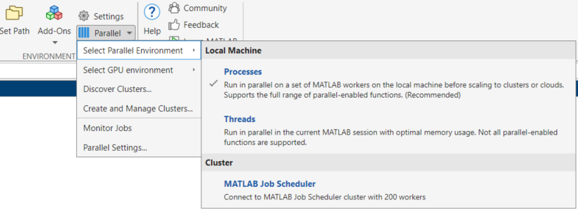 The parallel environment menu, showing a check mark next to the Processes parallel environment.