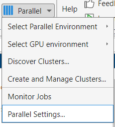 The Parallel menu, including menu entries for selecting parallel environment, discovering clusters, creating and managing clusters, monitoring jobs, and inspecting your parallel settings.