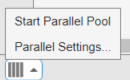 The parallel pool status indicator indicating that no pool is running, showing the start parallel pool and parallel settings menu options.