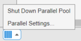 The parallel status indicator, highlighted blue to indicate that a parallel pool is running and including a menu showing options for shutting down the parallel pool and inspecting your parallel settings.