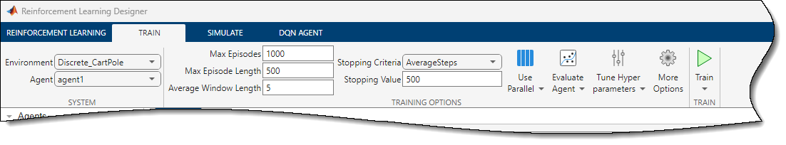 Reinforcement Learning Designer app showing the Train tab in the toolstrip