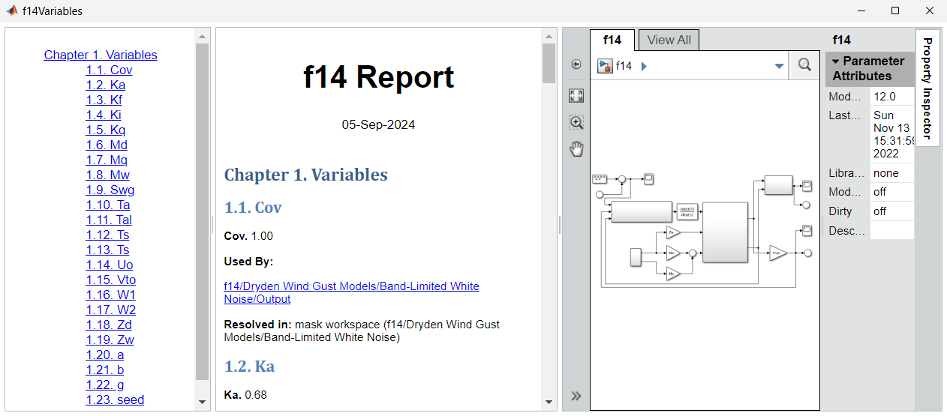 Example of an Embedded Web View report, with Table of Contents in the left pane, content view in the middle pane, and model diagram and Parameter Attributes in the right pane.