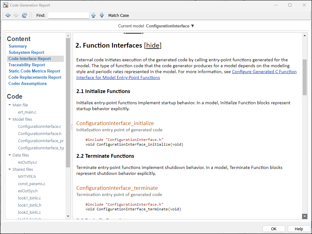 Function interfaces section of the code interface report.