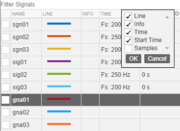 Pop-up window with a checkbox list with options to display in the Filter Signals browser. Check-mark some or all the following boxes: Line, Info, Time, Start Time, Samples. Then, click on OK, to complete the browser configuration.