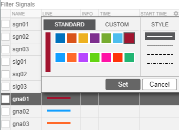 Pop-up window with a color palette and style options. Select between standard colors or create a customized color, and select a line style, and click on Set, to complete the line specification.