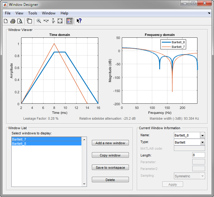 Window Designer App, main interface is showing two Bartlett windows and compares them in time domain and frequency domain.