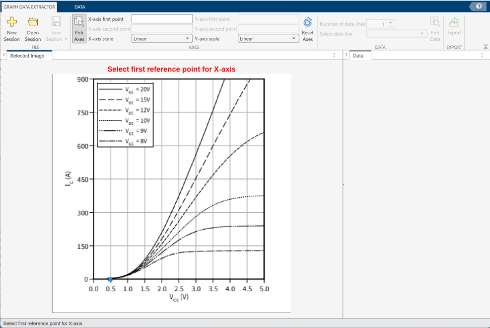 Graph Data Extractor window with first reference point selected