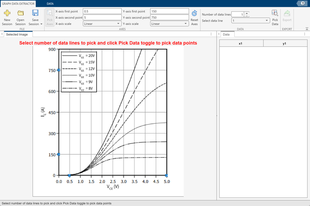 Graph Data Extractor window with axes reference points specified