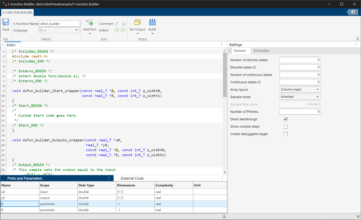 S-Function Builder editor with name, ports, states and parameters