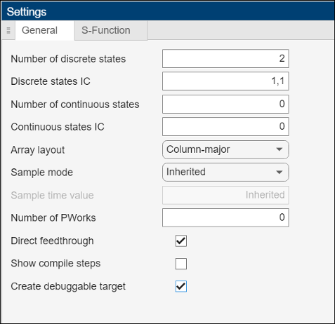 S-function builder general settings with the number of discrete states set to 2, discrete states set to 1 comma 1, number of continuous states set to 0. Array layout set to column-major. Sample mode set to discrete. Sample time value is grayed out. Number of P works set to 0. Direct feedthrough is checked. Create debuggable target is checked.