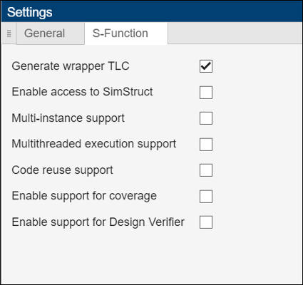 S-function builder settings with s-function specific options