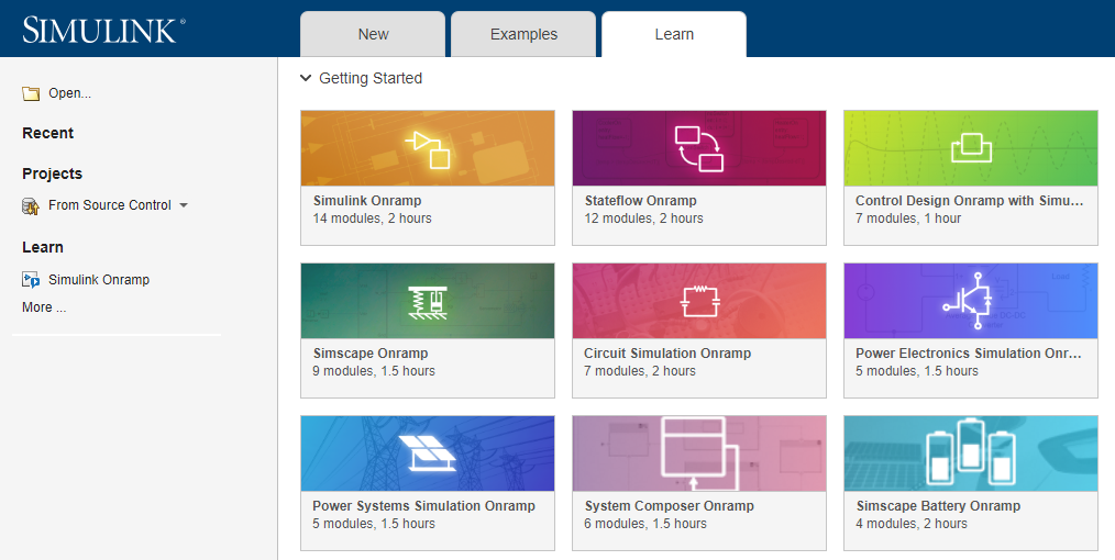 The Learn tab of the Simulink Start Page lists the Simulink courses.
