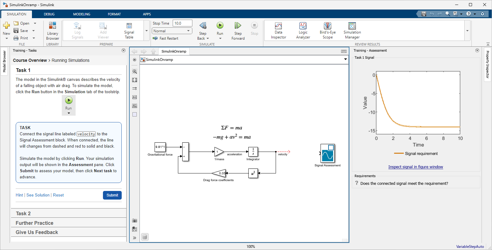 Simulink Onramp provides a description of the current task, an interactive model, and an assessment of whether the model matches the requirements set by the training.