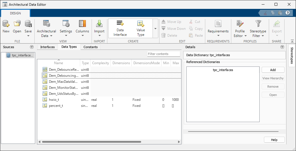 Interfaces tab of the Architectural Data Editor.