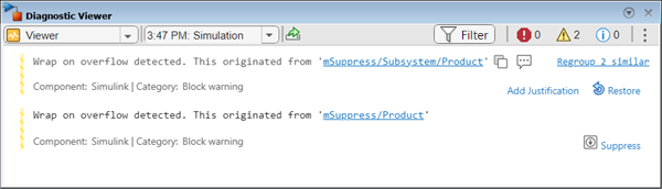 Suppressed diagnostic in Diagnostic Viewer with hyperlinks to add a comment or restore.