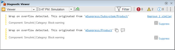 A warning message in Diagnostic Viewer with a button to suppress.
