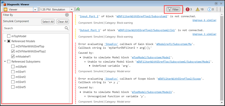 Diagnostic Viewer with the Filter by pane on the left, displaying a list of model components with two referenced models selected, and the Diagnostics Message pane on the right, showing the diagnostic messages generated from the selected referenced models.