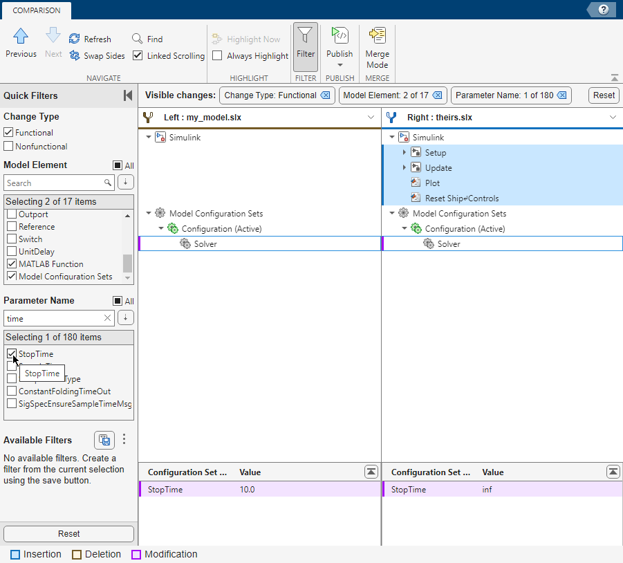 Illustration shows the Stop Time checkbox selected in the pane on the left and the comparison report reflecting the changes on the right.
