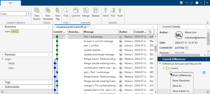 Branch Manager with two selected commits in the commit graph and Show Differences context menu option in the right pane