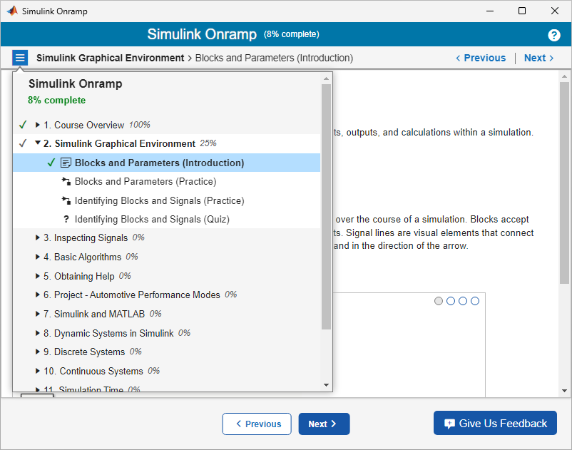 Table of Contents Menu for Simulink Onramp