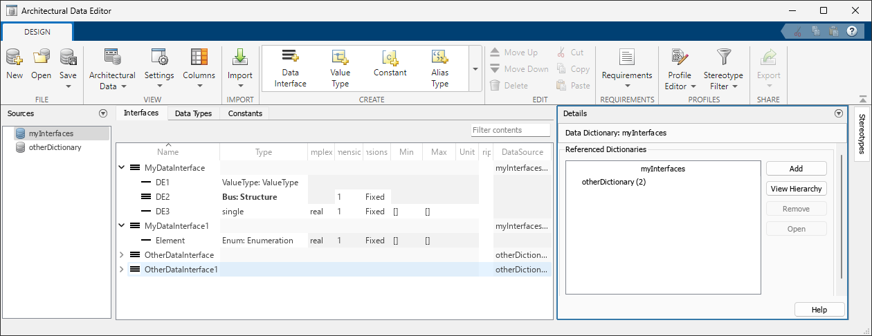 Architecture Data Editor showing referenced dictionaries.